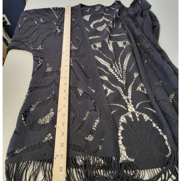 Zara Basic Black Lace Kimono Top Open Front Fringe Hem 3/4 Sleeve Top Size Small - Picture 6 of 7